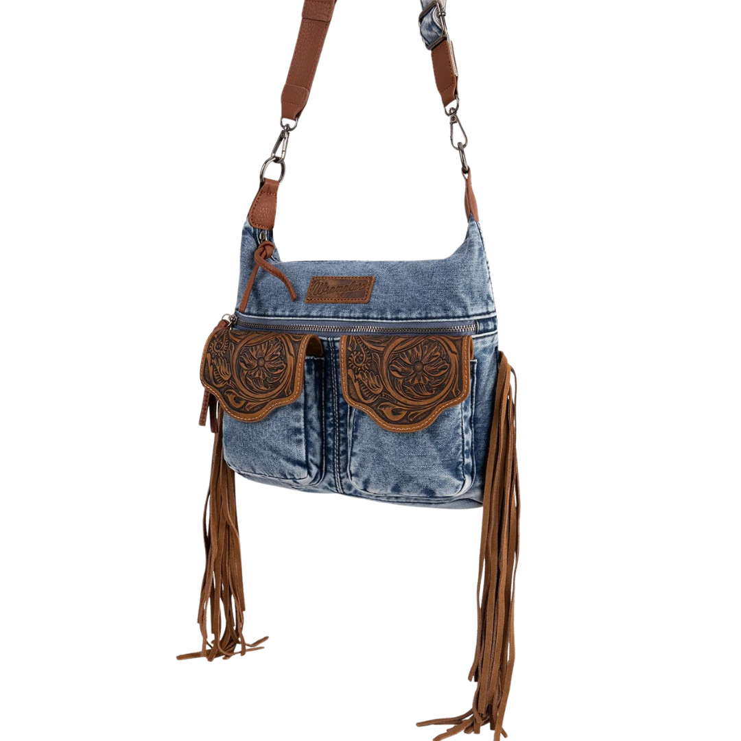 Wrangler Women's Fringe Floral Denim Jean Crossbody