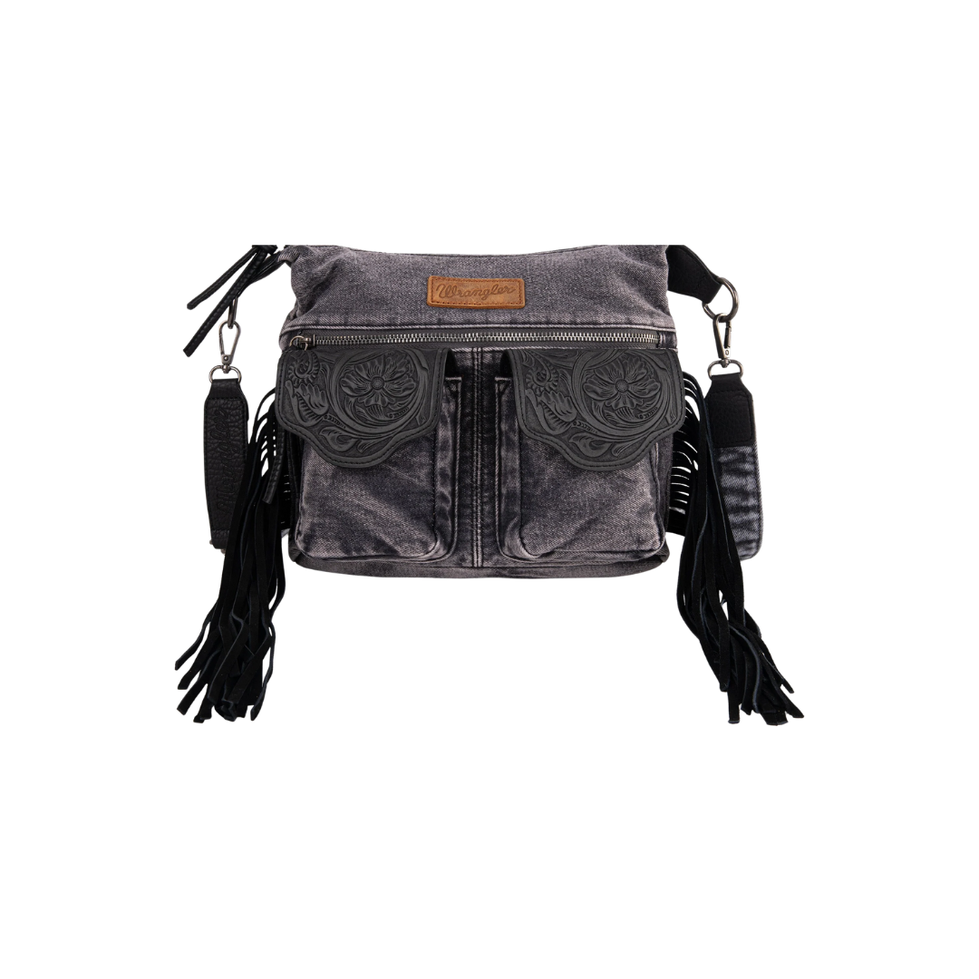 Montana West Women's Fringe Floral Denim Black Crossbody