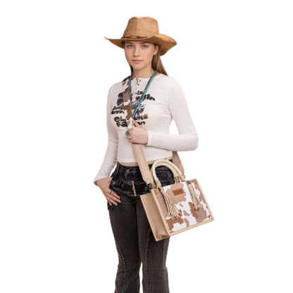 Wrangler Women's Cow Print Khaki Crossbody Tote