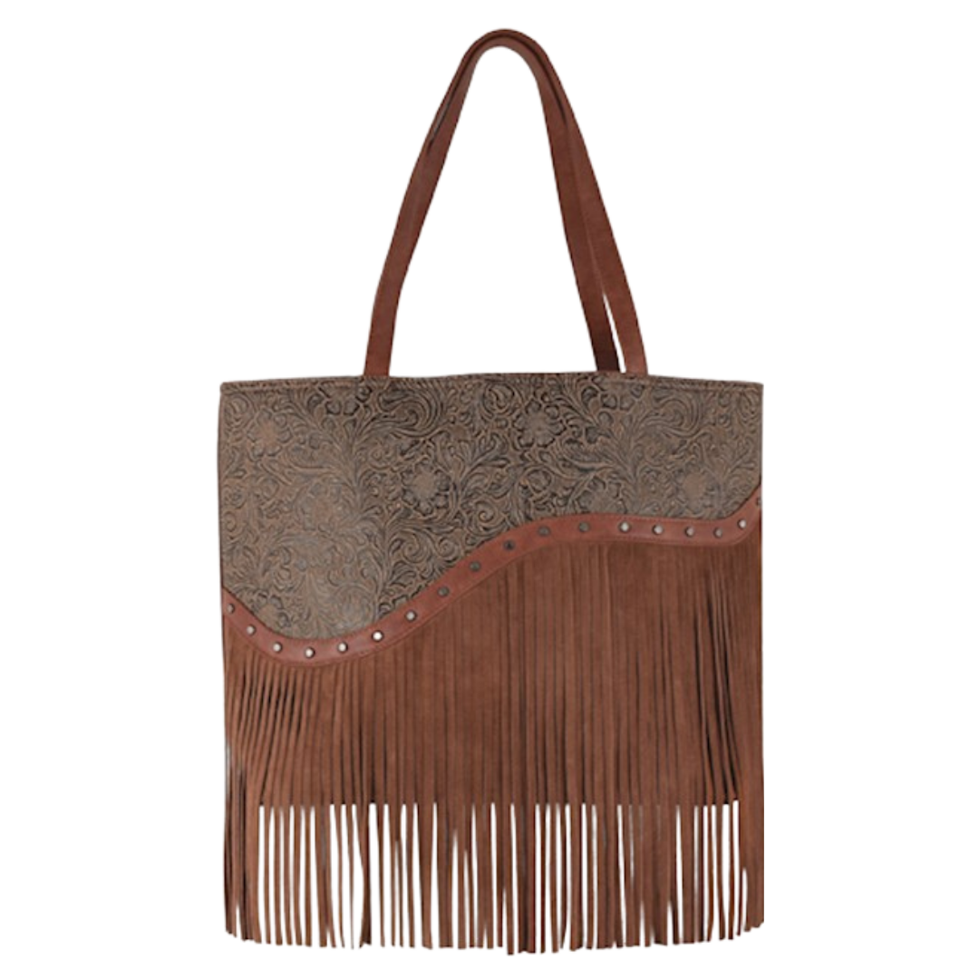 Catchfly Women's Asymmetrical Tooled Yoke Brown Tote Bag