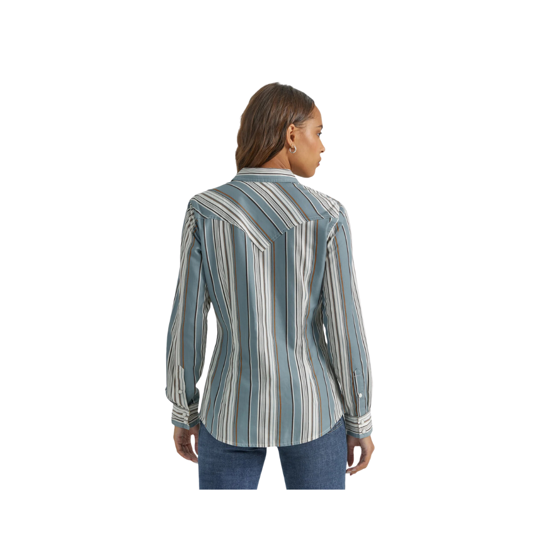 Wrangler Ladies Grey Stripe Print Snap Dress Shirt