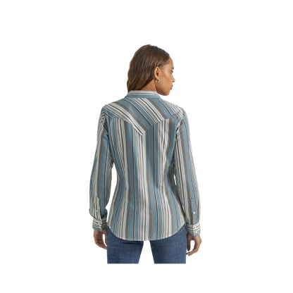 Wrangler Ladies Grey Stripe Print Snap Dress Shirt