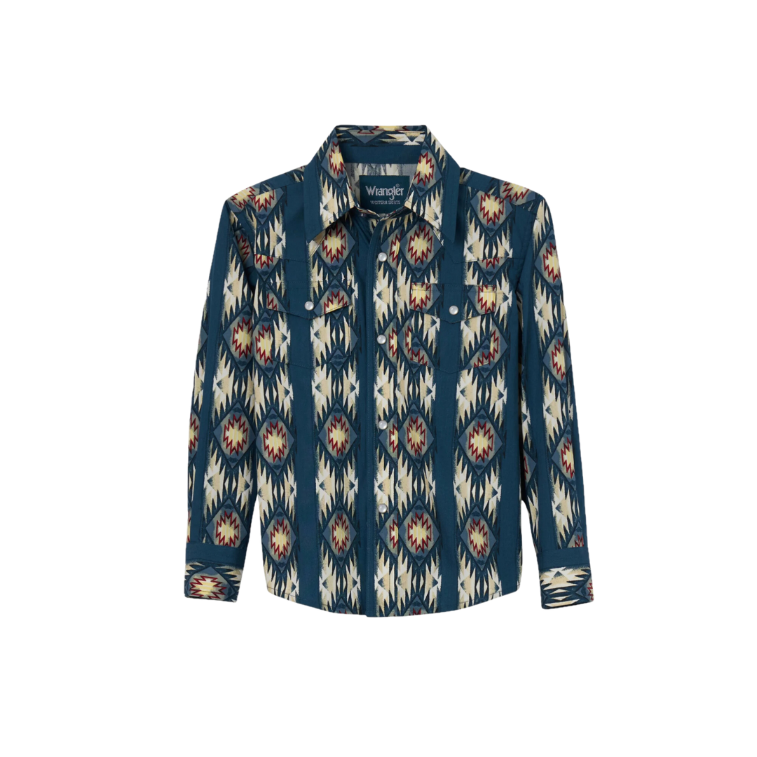 Wrangler Youth Boy's Checotah Blue Aztec Printed Snap Up Shirt