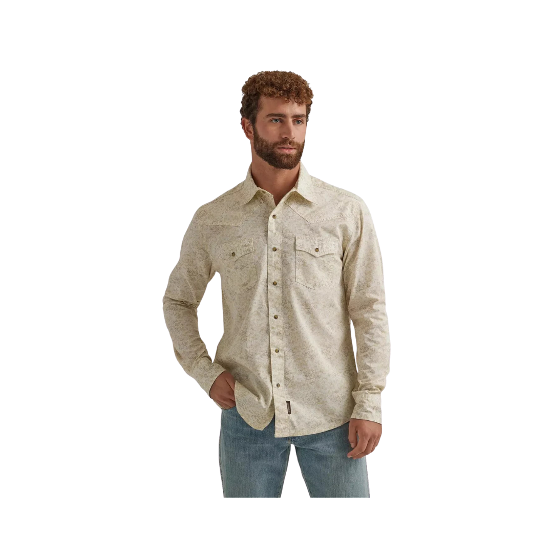 Wrangler Men's Premium Long Sleeve Snap Print White Shirt