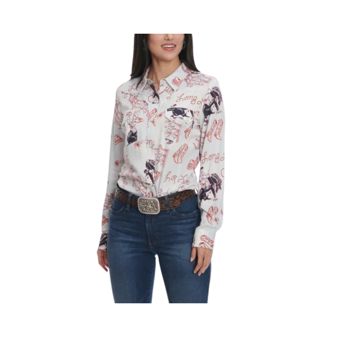 Wrangler Retro Women's Ice Blue Print Long Sleeve Western Shirt