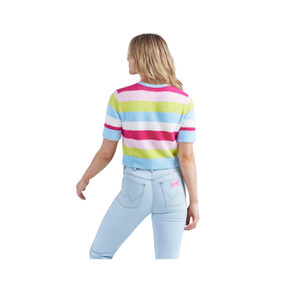 Wrangler x Barbie Ladies  Cropped Fuzzy Rainbow Sweater
