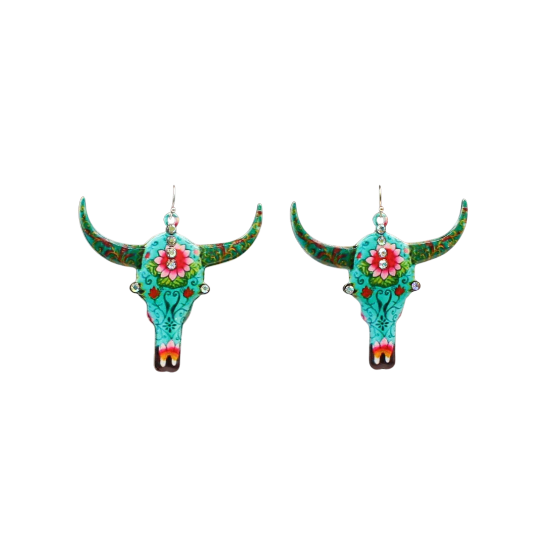 Blazin Roxx Women's Cow Skull Floral Multicolor Earrings