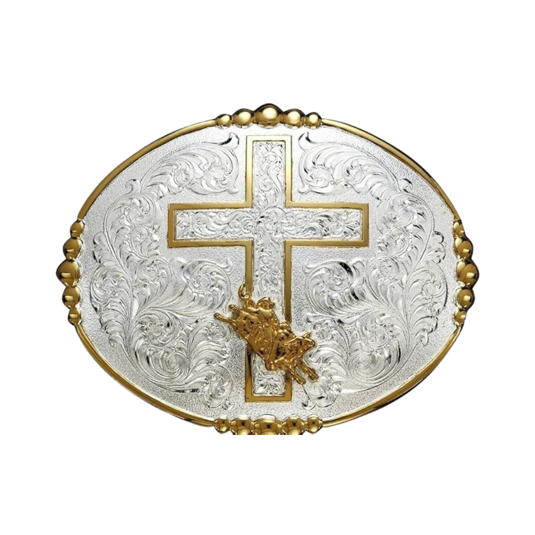 Crumrine Women's Oval Cross Bullrider Silver Gold Grey Buckle