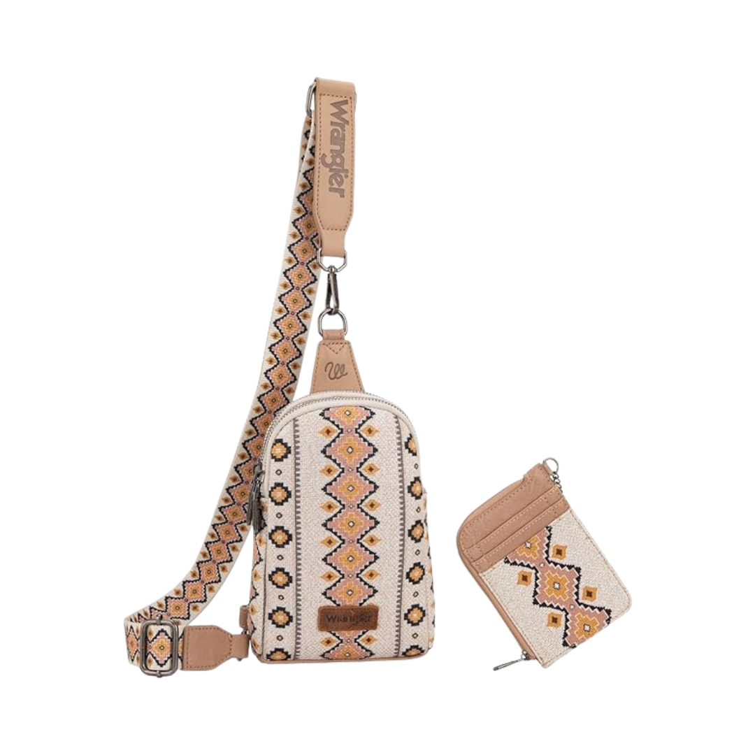 Wrangler Women's Aztec Print Crossbody Sling Chest Bag With Zip Card Holder Set