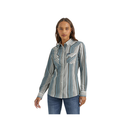 Wrangler Ladies Grey Stripe Print Snap Dress Shirt