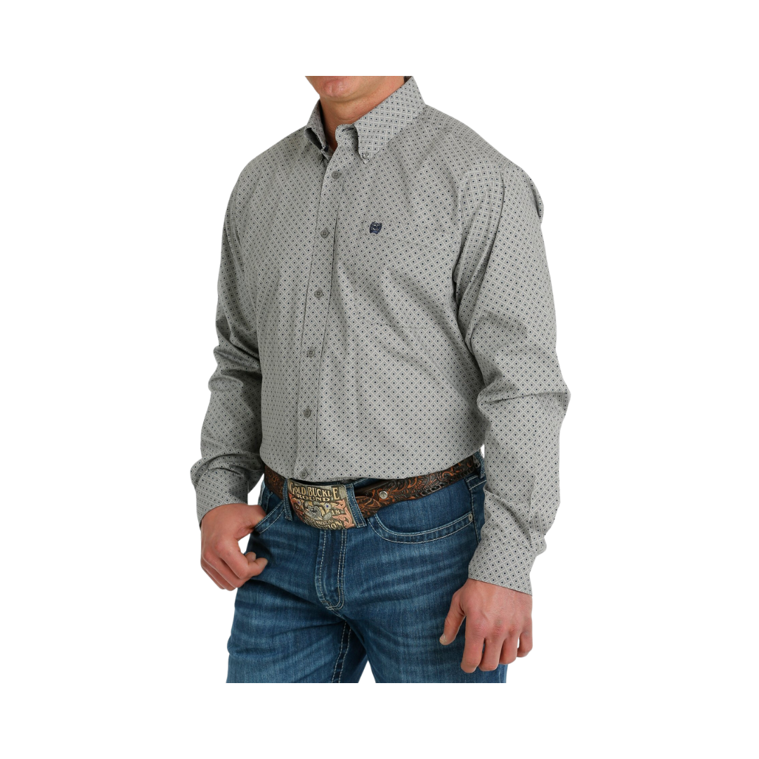 Cinch Men's Geometric Print Button Down Western Navy Gray Shirt