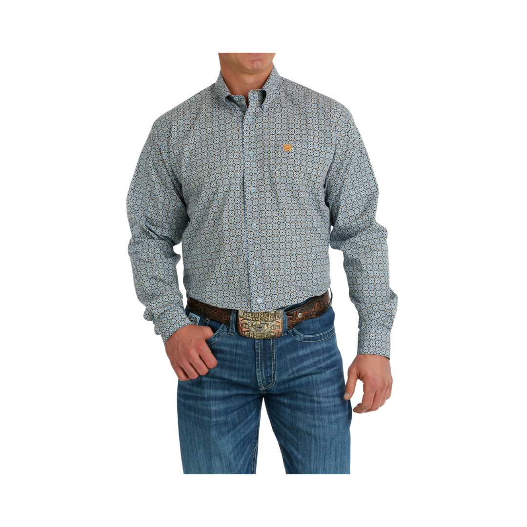 Cinch Men's Geometric Print Button Down Western Light Blue Navy Shirt