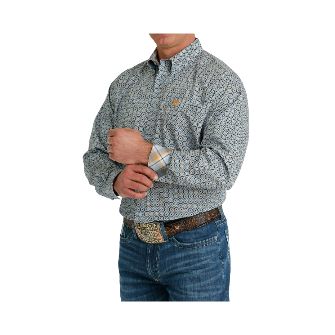 Cinch Men's Geometric Print Button Down Western Light Blue Navy Shirt