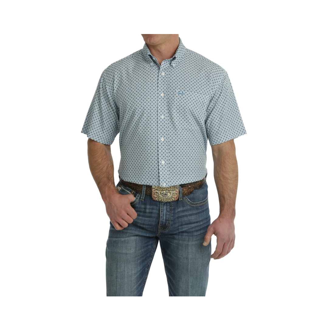 Cinch Men's Geometric Print Short Sleeve Arenaflex Button Down Blue Shirt