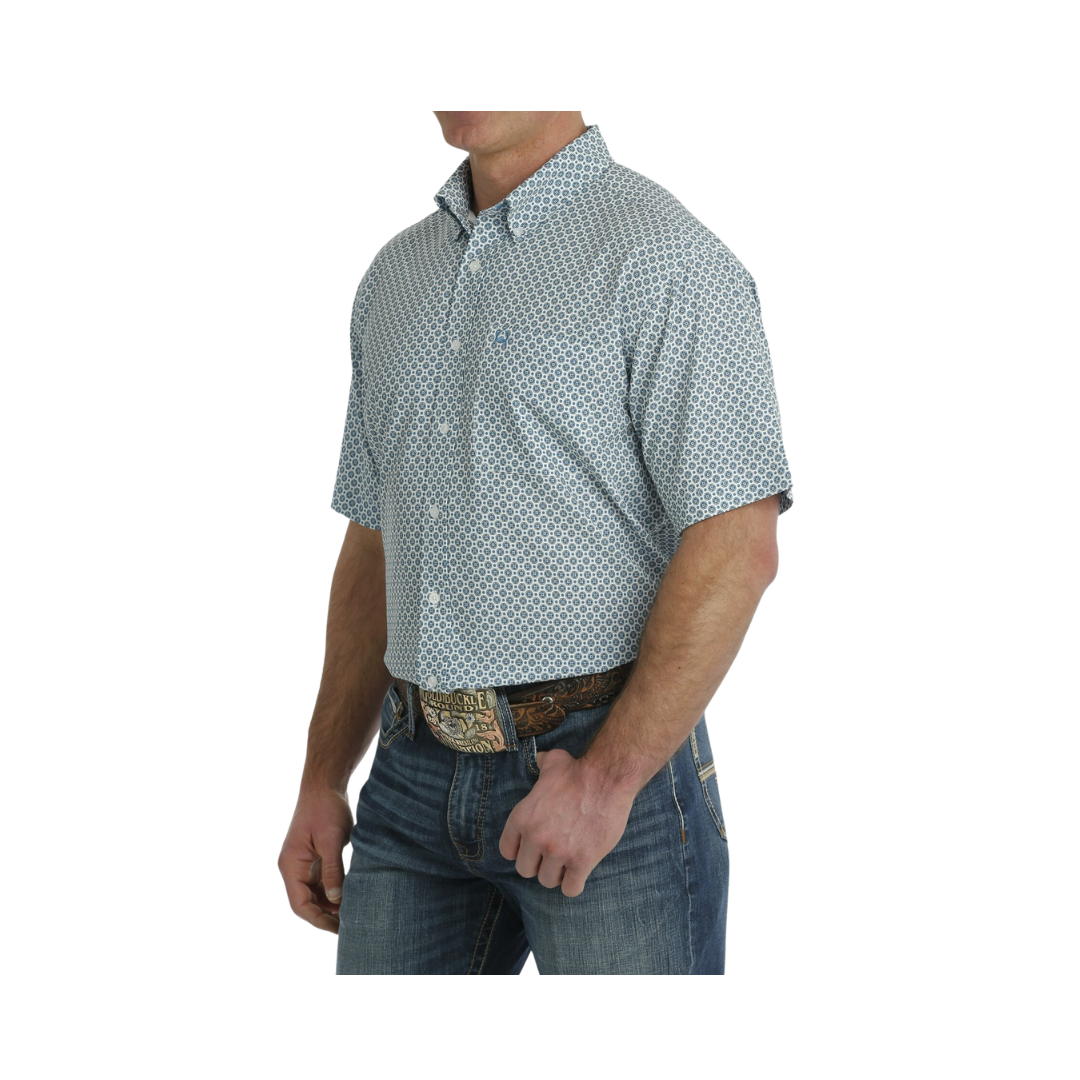 Cinch Men's Geometric Print Short Sleeve Arenaflex Button Down Blue Shirt