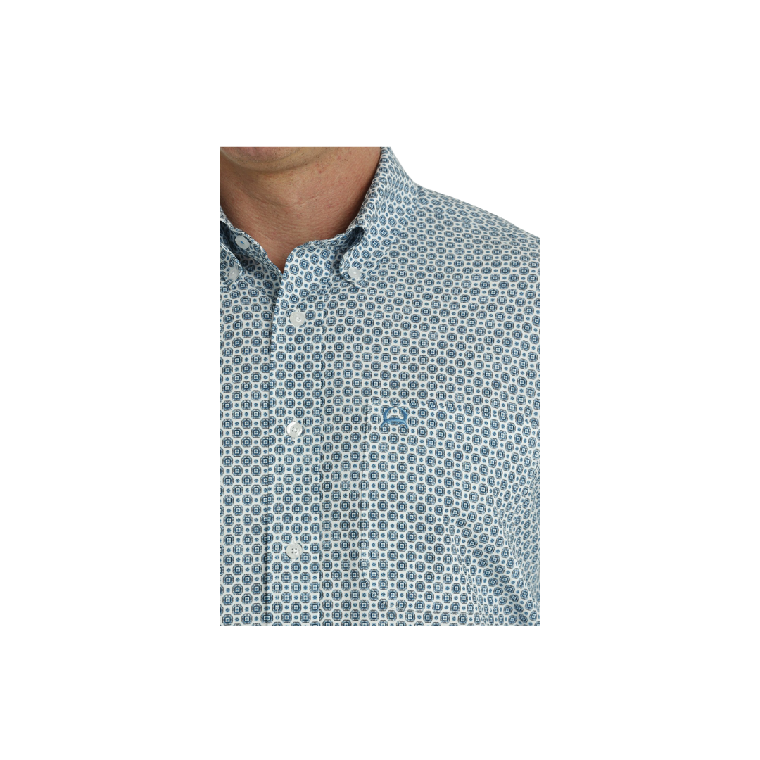 Cinch Men's Geometric Print Short Sleeve Arenaflex Button Down Blue Shirt