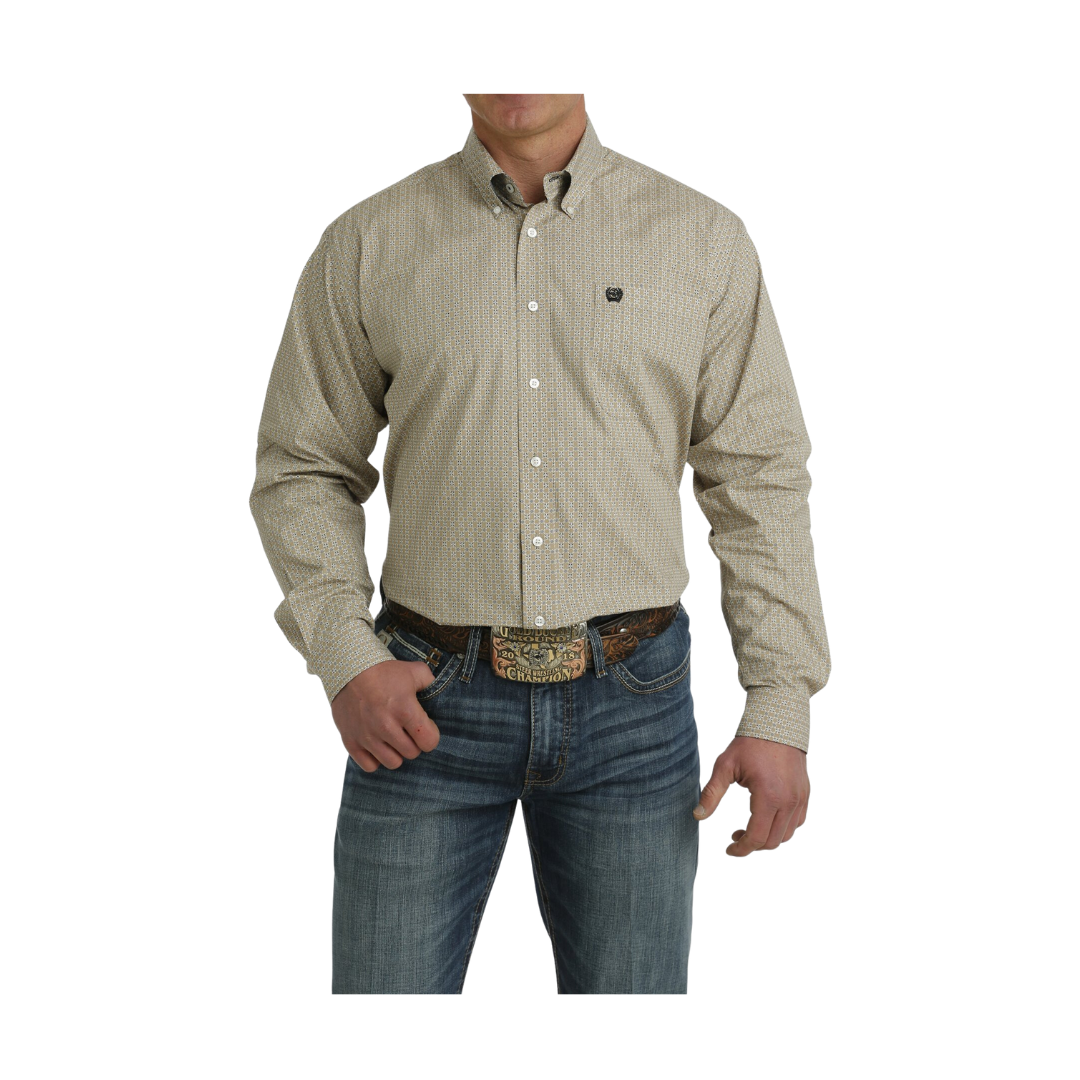 Cinch Men's Geometric Print Button Down Western Khaki Black Shirt
