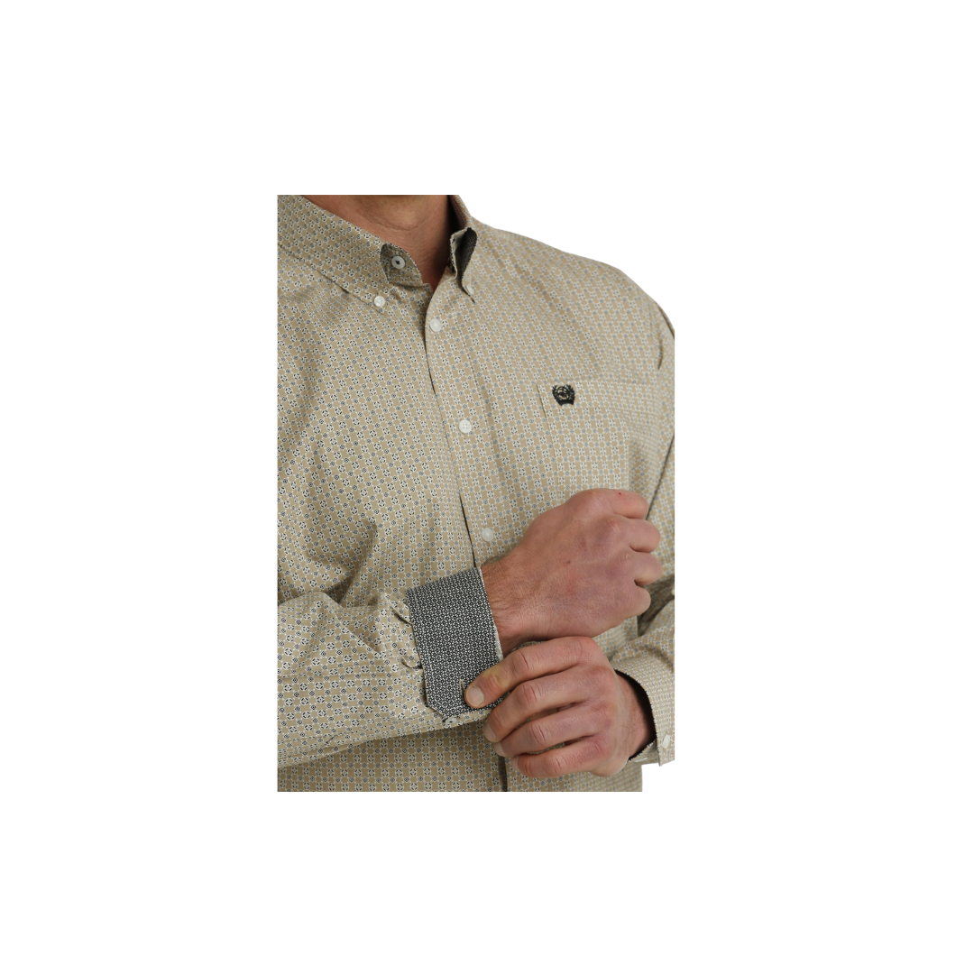 Cinch Men's Geometric Print Button Down Western Khaki Black Shirt