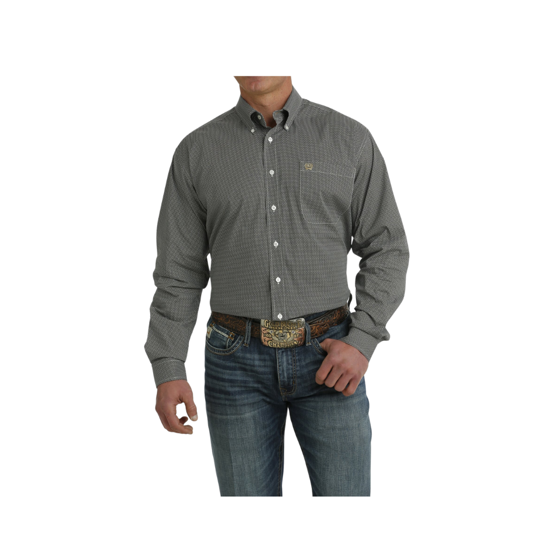 Cinch Men's Stretch Geometric Print Button Down Western White Black Shirt