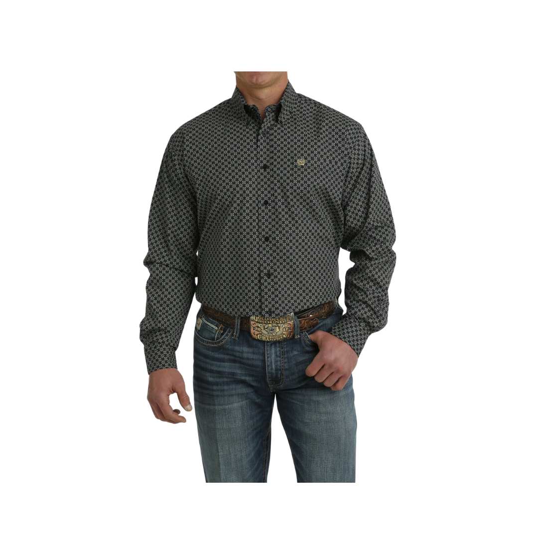 Cinch Men's Geometric Print Button Down Western Black Khaki Shirt