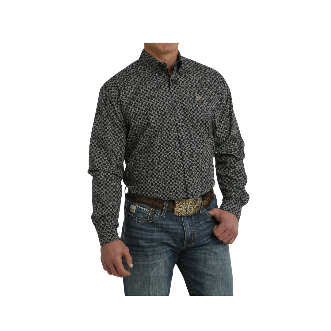 Cinch Men's Geometric Print Button Down Western Black Khaki Shirt