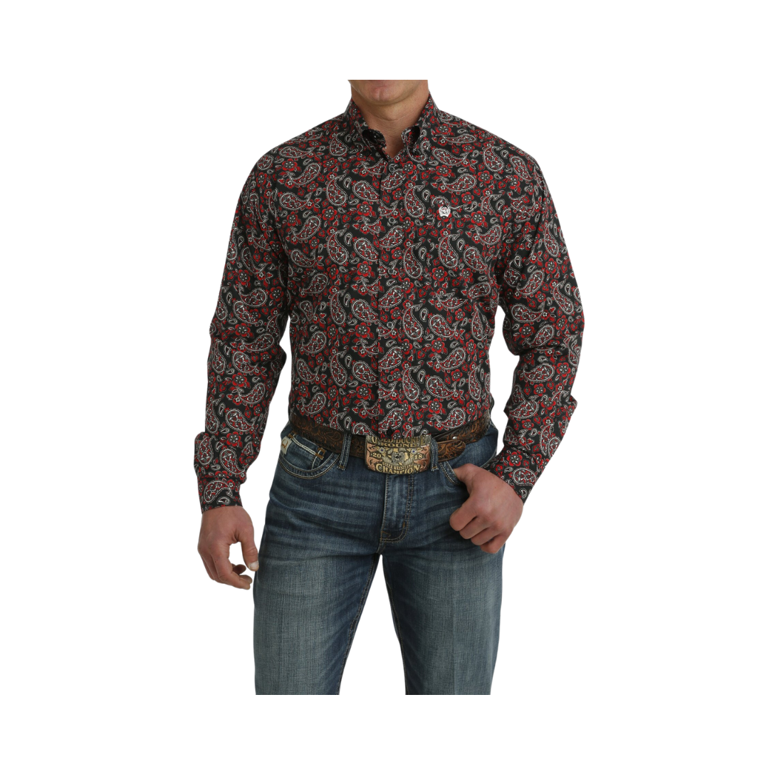 Cinch Men's Paisley Print Button Down Western Black Red Shirt