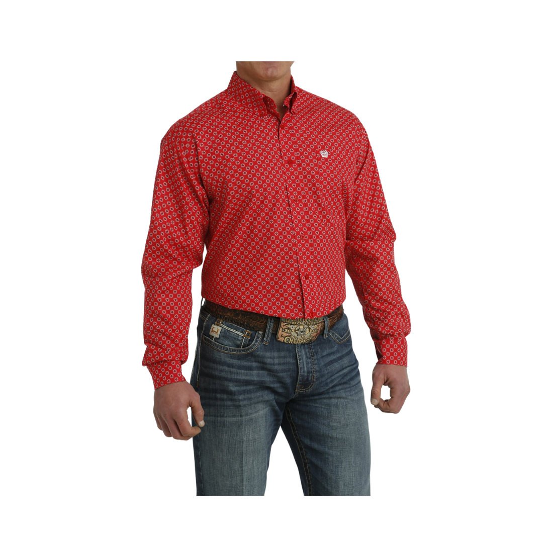 Cinch Men's Medallion Print Button Down Western Red White Shirt