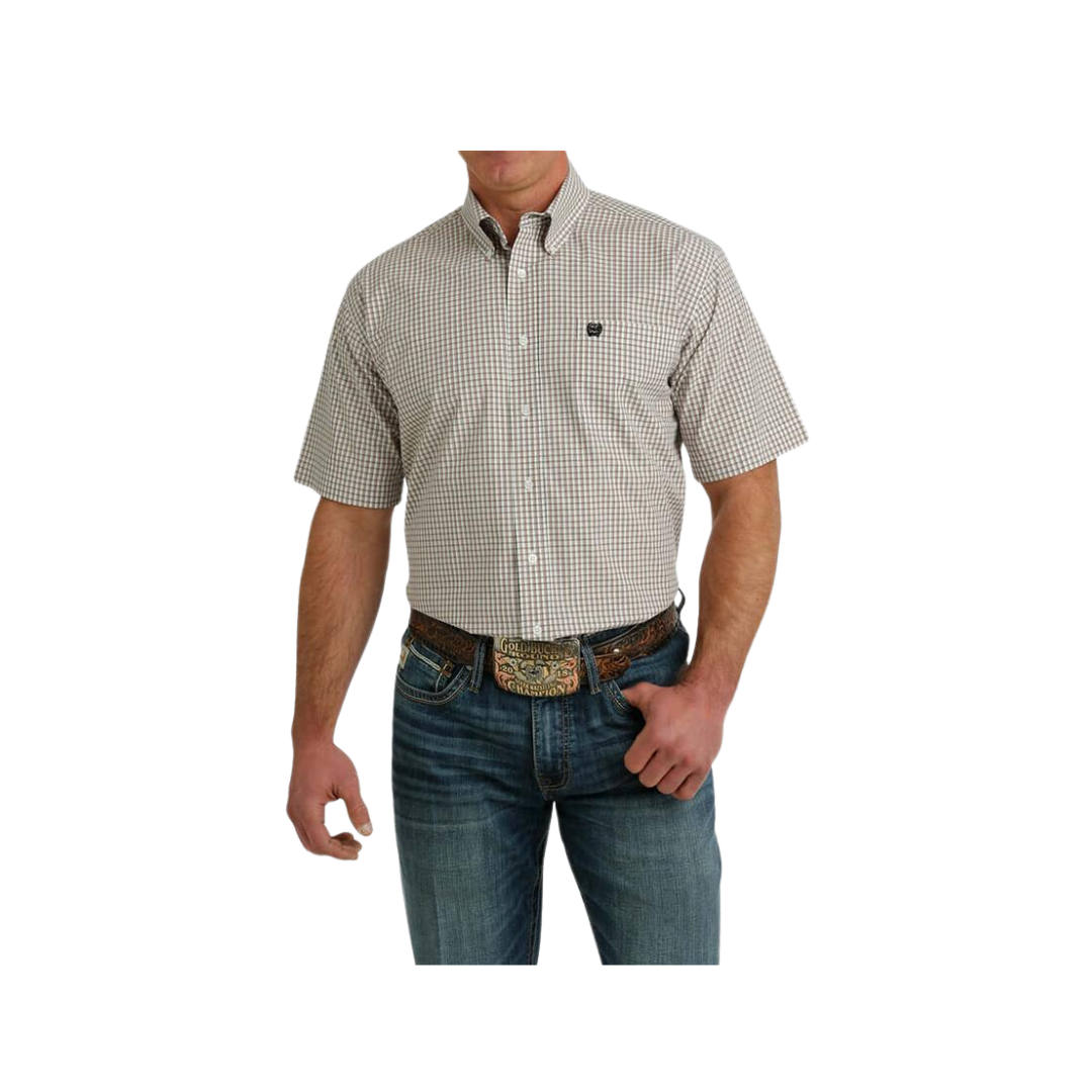Cinch Men's Plaid Short Sleeve Button Down White Shirt