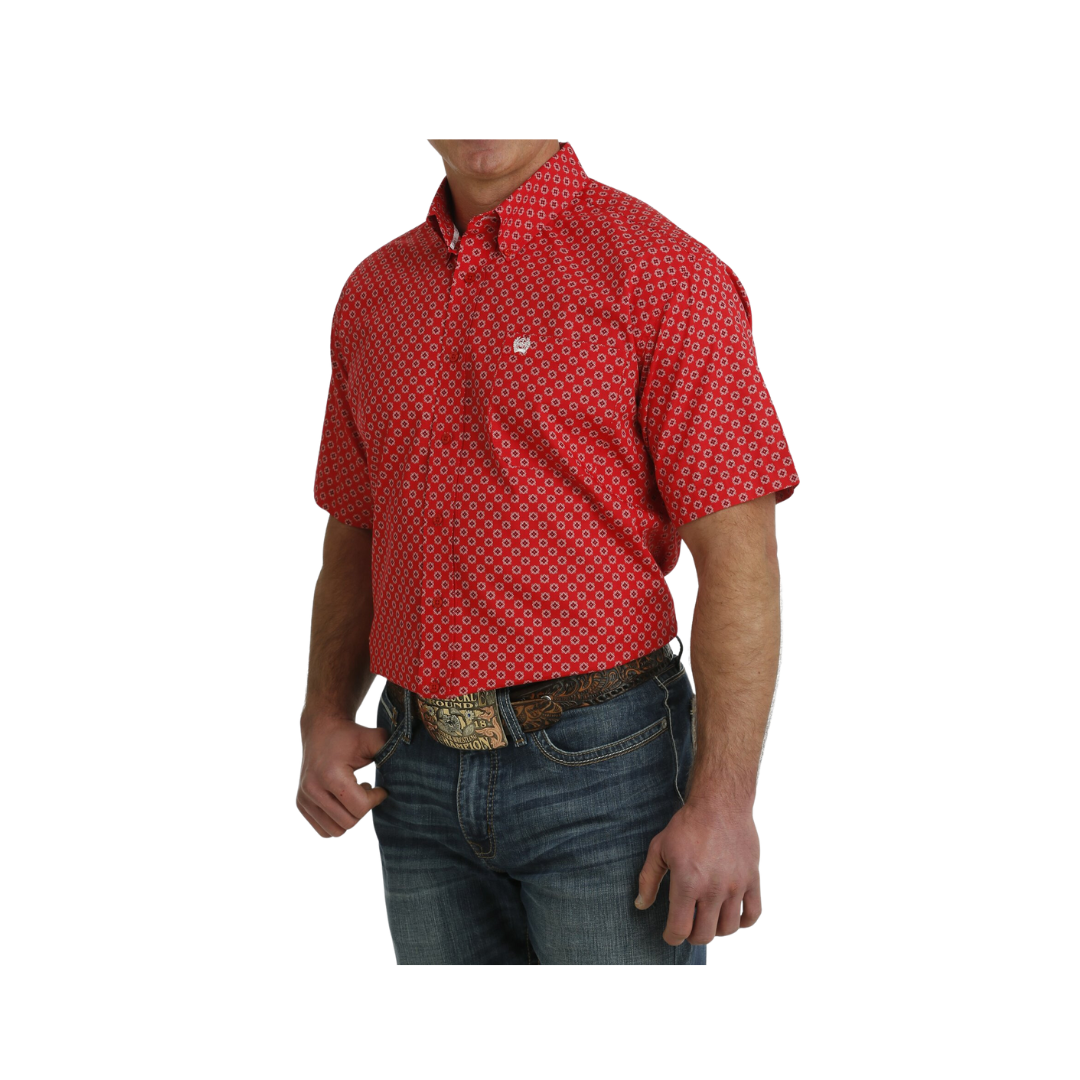 Cinch Men's Medallion Print Button Down Western Red White Shirt