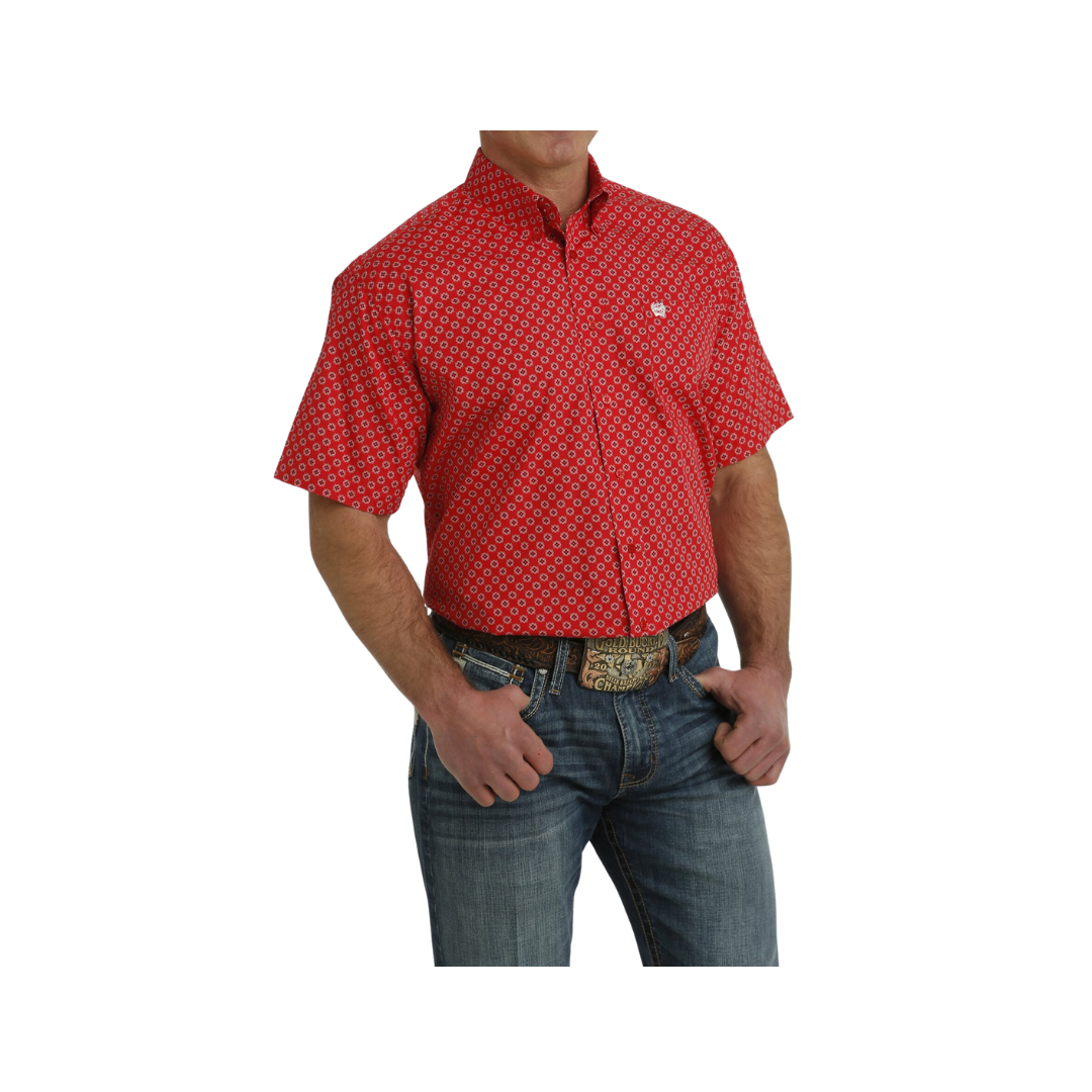 Cinch Men's Medallion Print Button Down Western Red White Shirt