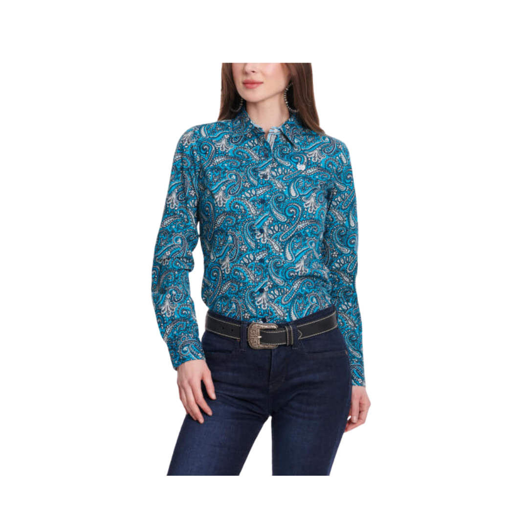 Cinch Women's Paisley Long Sleeve Western Turquoise & Navy Shirt