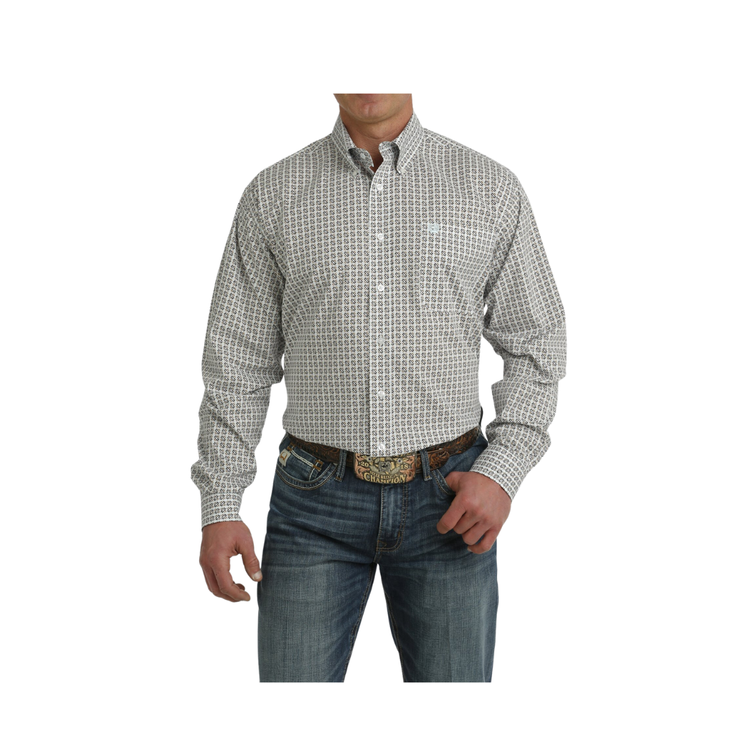Cinch Men's Stretch Geometric Print Button Down Western White Light Blue Shirt
