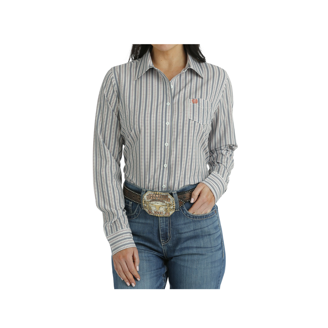 Cinch Women's Arenaflex Button Down Western White Light Blue Shirt