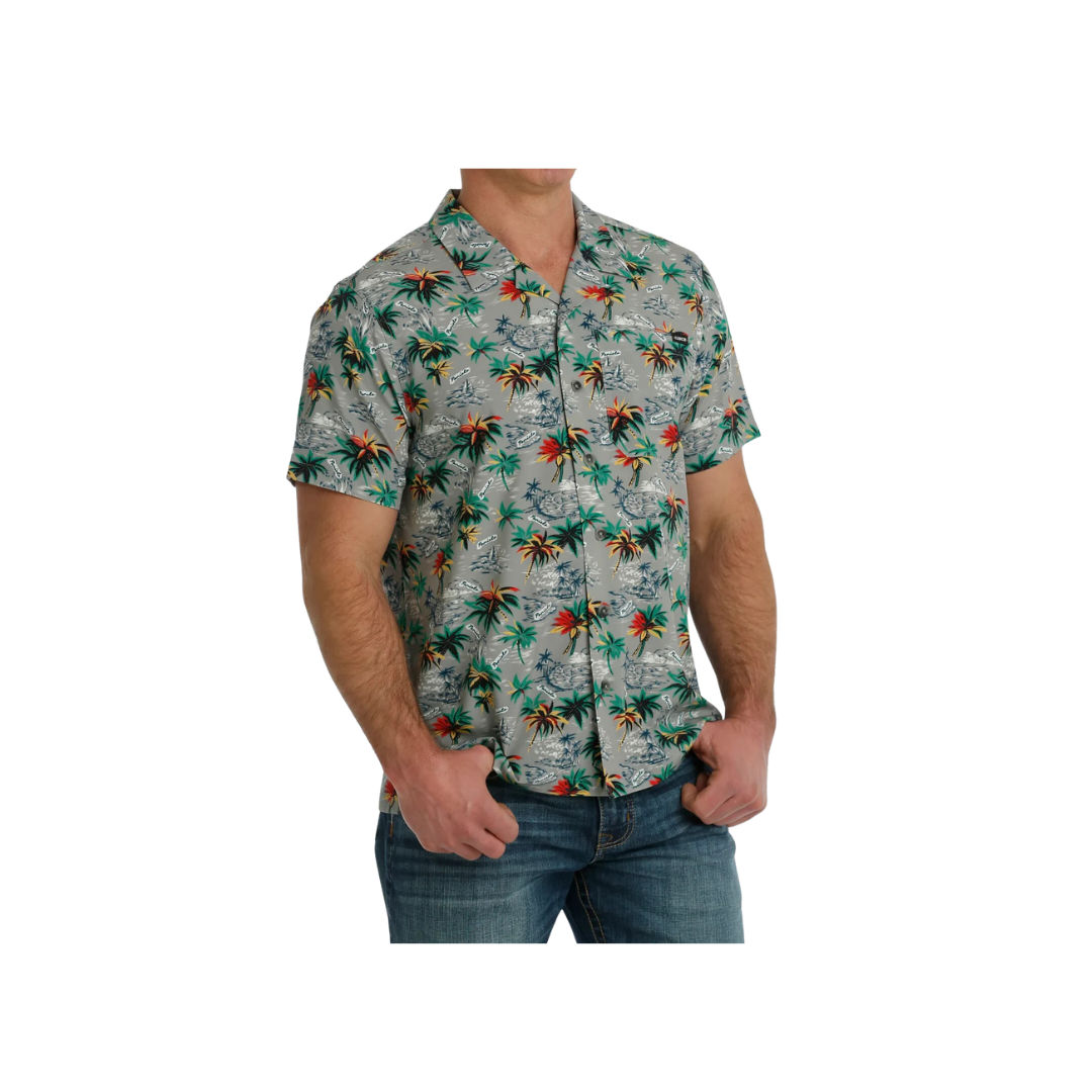 Cinch Men's Hawaiian Print Short Sleeve Camp Gray Shirt