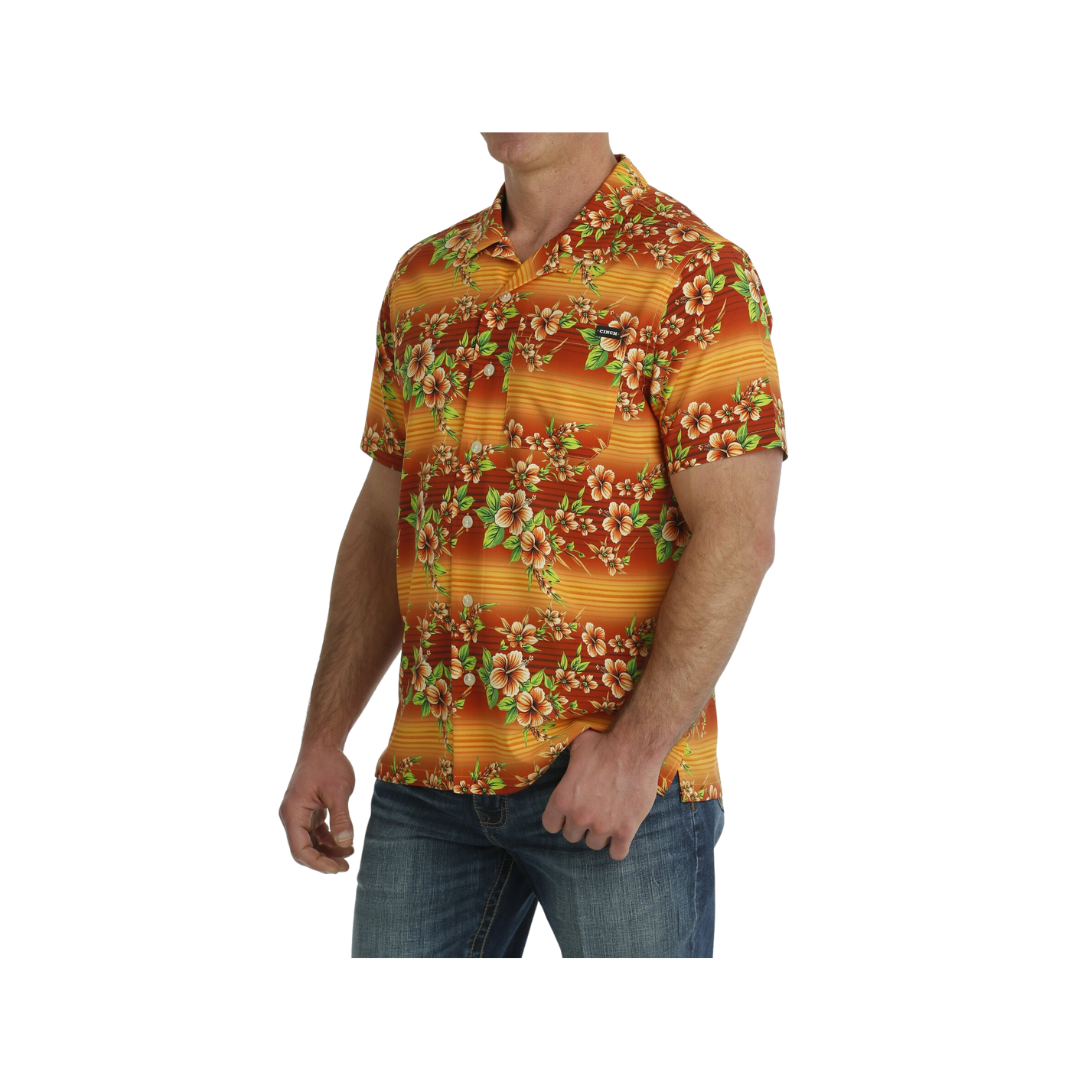 Cinch Men's Hawaiian Print Short Sleeve Camp Orange Shirt