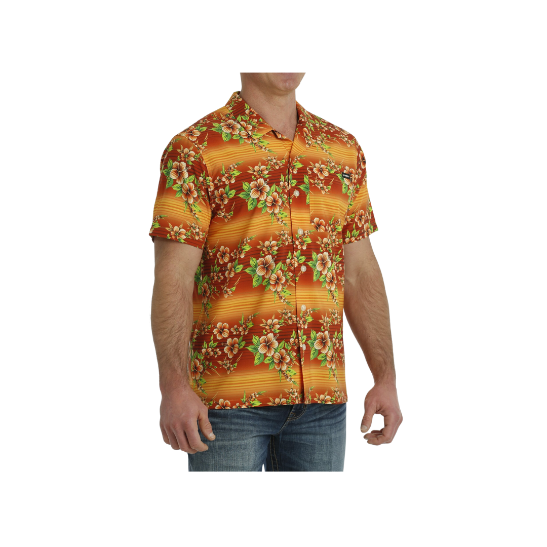 Cinch Men's Hawaiian Print Short Sleeve Camp Orange Shirt