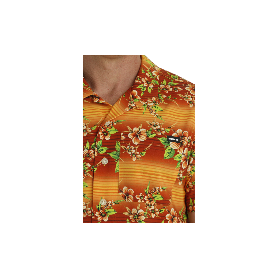 Cinch Men's Hawaiian Print Short Sleeve Camp Orange Shirt