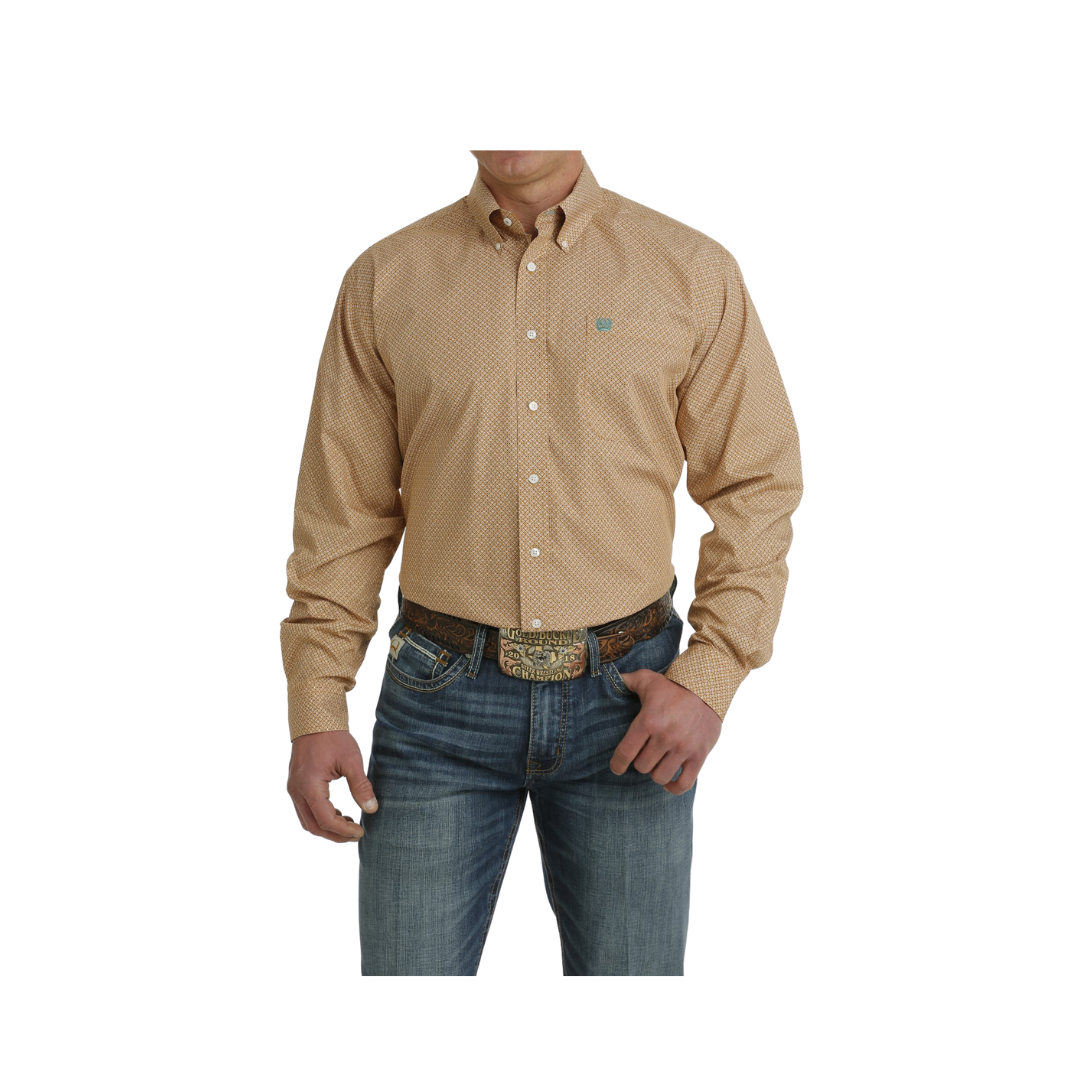 Cinch Men's Geometric Print Button Down Long Sleeve Western Brown White Shirt