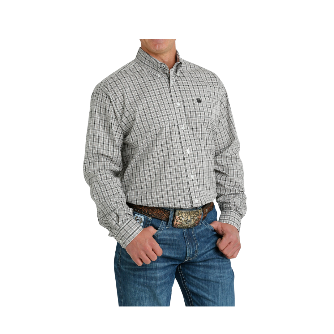 Cinch Men's Long Sleeve Button Down White Plaid Grey Shirt