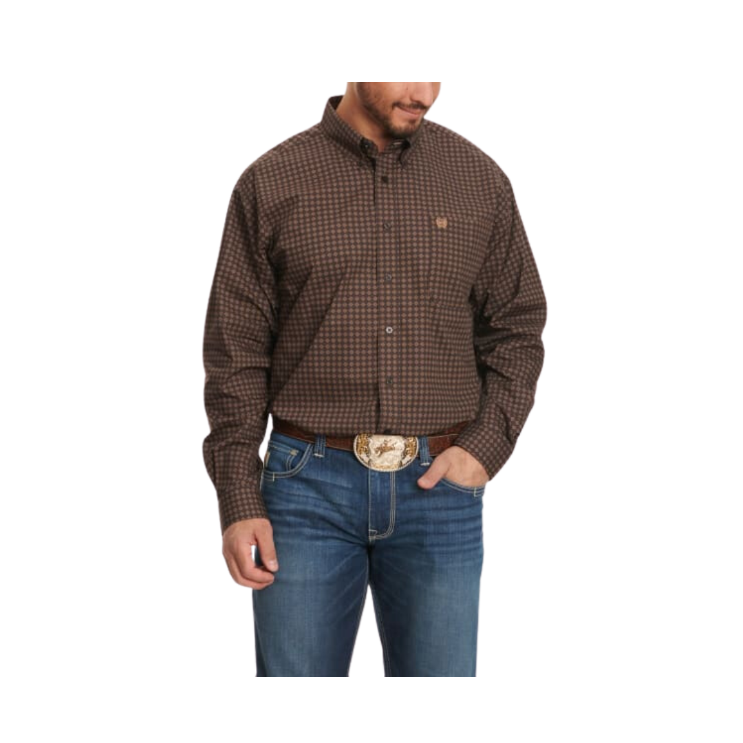 Cinch Men's Tan Diamond Print Long Sleeve Western Chocolate Brown Shirt