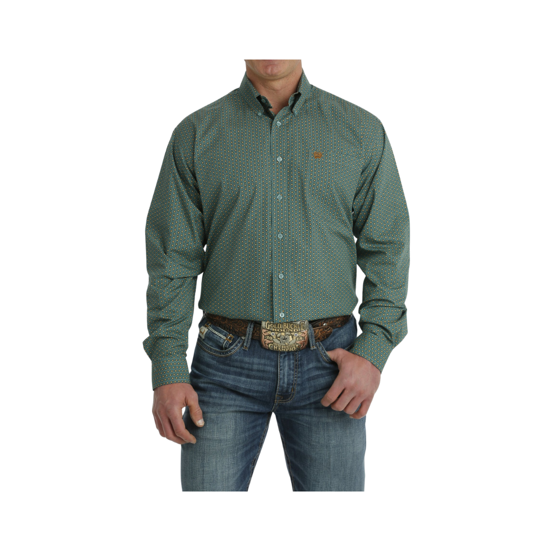 Cinch Men's Floral Print Button Down Long Sleeve Western Turquoise Gold Shirt