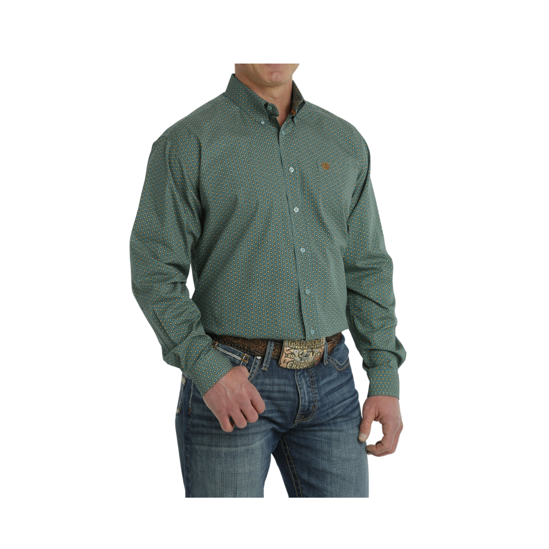 Cinch Men's Floral Print Button Down Long Sleeve Western Turquoise Gold Shirt
