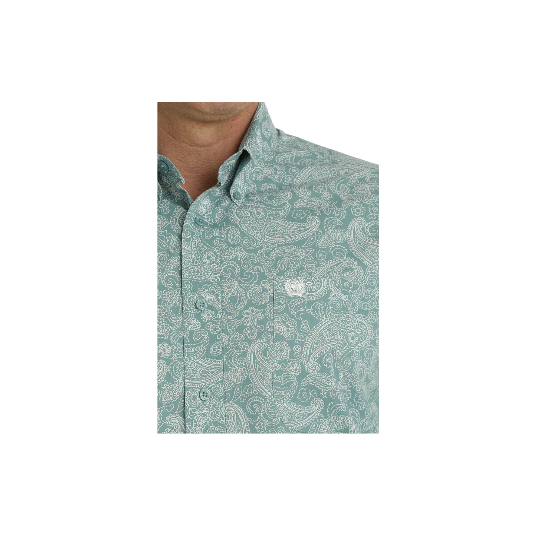 Cinch Men's Paisley Print Button Down Long Sleeve Western Turquoise White Shirt