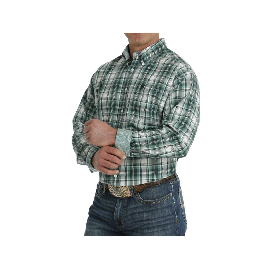Cinch Men's Plaid Long Sleeve Button Down Western Turquoise White Shirt