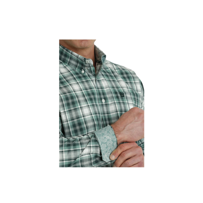 Cinch Men's Plaid Long Sleeve Turquoise White Shirt - Western Style