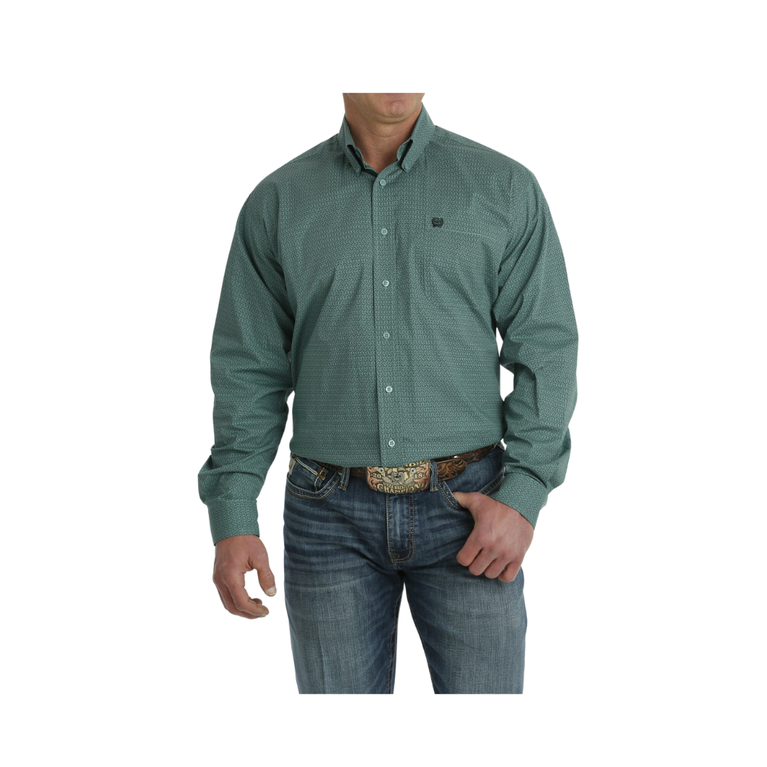 Cinch Men's Stretch Geometric Print Button Down Western Turquoise Green Shirt
