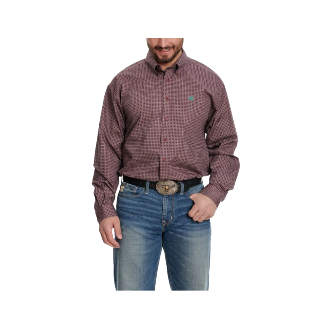 Cinch Men's Dusty Geo Print Long Sleeve Western Burgundy & Navy Shirt
