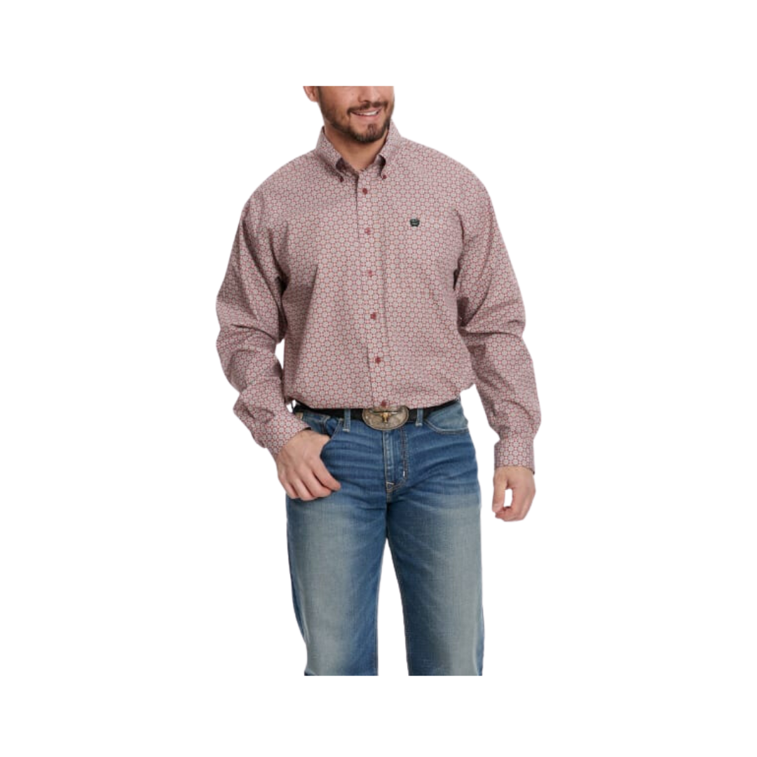 Cinch Men's Dusty Geo Print Long Sleeve Western Burgundy Gold & White Shirt