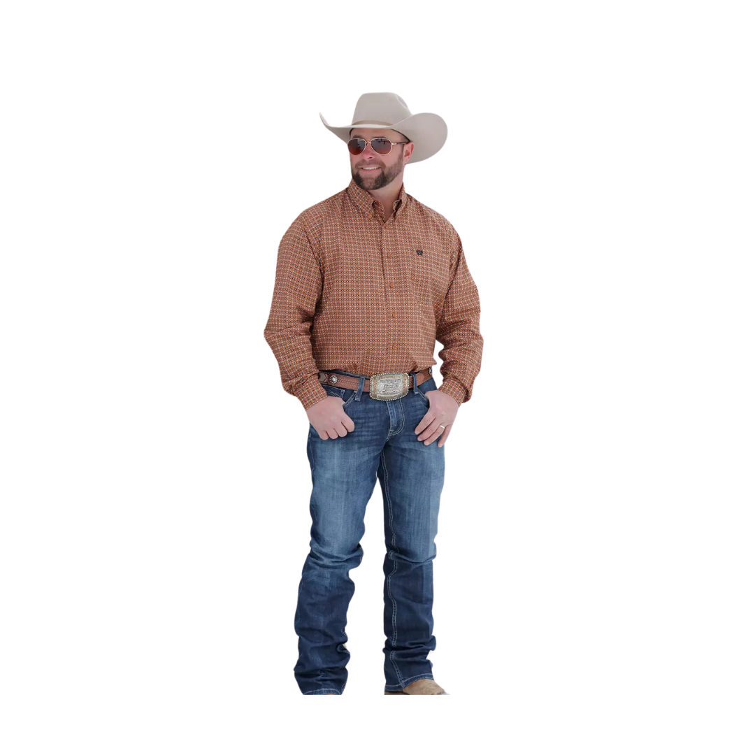 Cinch Men's Long Sleeve Button Down Diamond Print Gold Shirt