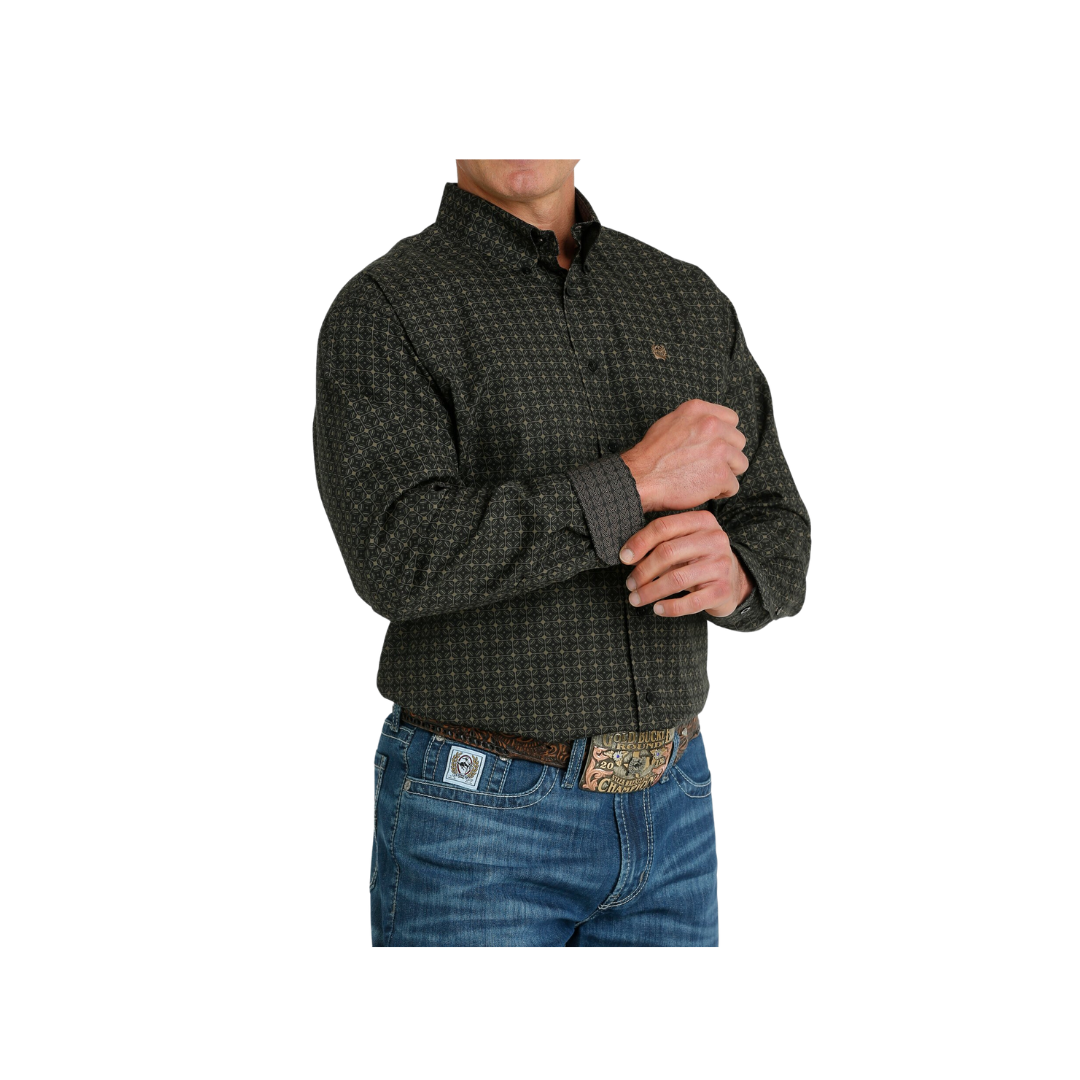 Cinch Men's Medallion Print Button Down Western Olive Black Shirt